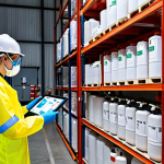 **

"A well-organized and brightly lit warehouse storing various containers of chemicals. Clear labeling and safety signage are prominent. Include workers wearing full PPE (Personal Protective Equipment) inspecting the containers with a digital tablet. Focus on showing the implementation of preventative measures like fire suppression systems and ventilation."

**