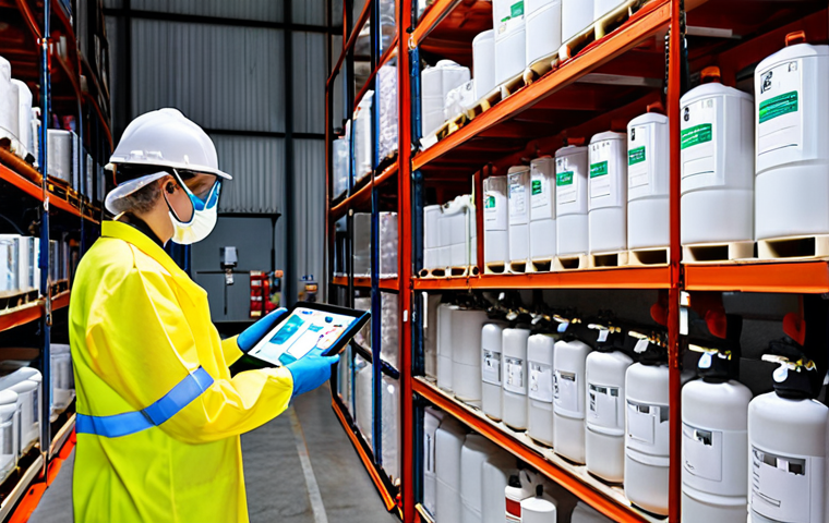 **
"A well-organized and brightly lit warehouse storing various containers of chemicals. Clear labeling and safety signage are prominent. Include workers wearing full PPE (Personal Protective Equipment) inspecting the containers with a digital tablet. Focus on showing the implementation of preventative measures like fire suppression systems and ventilation."
**